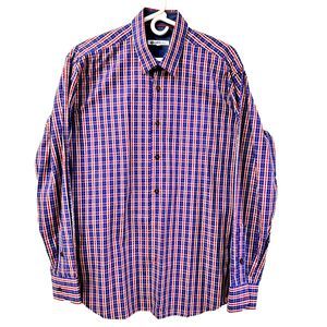 Cafe Bleu Men's Dress Shirt SZ M Red Blue Plaid Long Sleeve Flipped Cuff